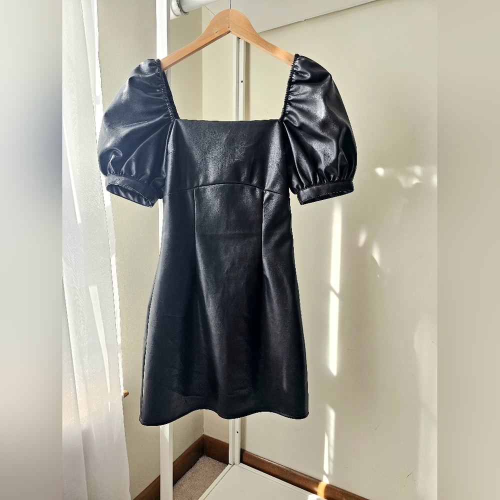 Tie Back Black Faux Leather Puff Sleeve Dress